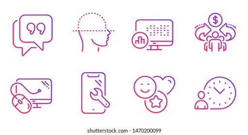 Report statistics, Quote bubble and Sharing economy line icons set. Face scanning, Smile and Smartphone repair signs. Computer mouse, Time management symbols. Graph chart, Chat comment. Vector