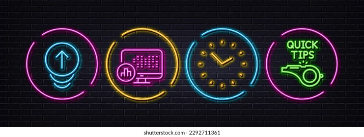 Report statistics, Swipe up and Time minimal line icons. Neon laser 3d lights. Tutorials icons. For web, application, printing. Graph chart, Scrolling page, Clock. Quick tips. Vector
