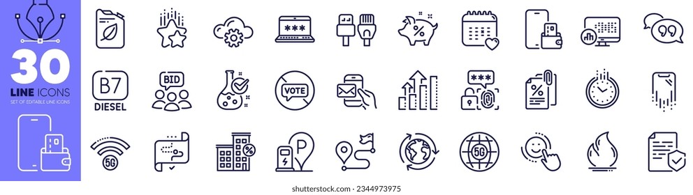 Report statistics, Time and Healthcare calendar line icons pack. Auction, Loan percent, Ranking stars web icon. Target path, 5g wifi, Charging station pictogram. Chemistry lab. Vector