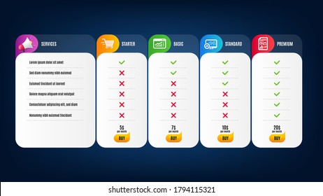 Report statistics, Web traffic and Report document icons simple set. Price list, pricing table. Delivery shopping sign. Graph chart, Website window, Growth chart. Online buying. Finance set. Vector