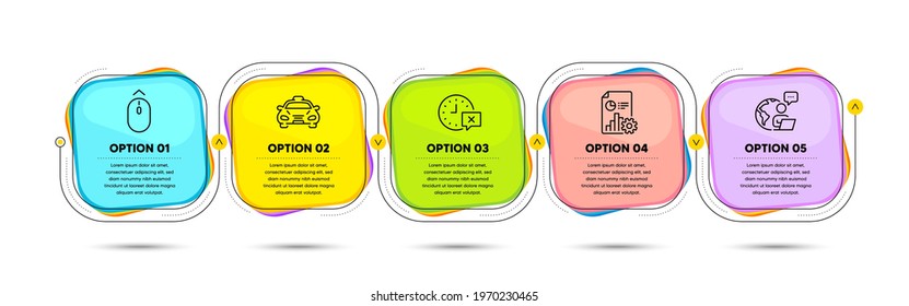 Report, Swipe up and Taxi line icons set. Timeline process flowchart. Time sign. Presentation document, Scrolling page, Public transportation. Remove alarm. Business set. Vector