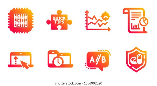 Report, Swipe up and Time management line icons set. Seo analysis, Ab testing and Cpu processor signs. Quick tips, Medical tablet symbols. Work analysis, Scroll screen. Science set. Vector