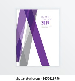 Report template design layout, cover design annual report, magazine, Brochure cover, flyer or booklet in A4 with purple geometric slice shapes on white background. Vector Illustration.