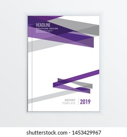 Report template design layout, cover design annual report, magazine, Brochure cover, flyer or booklet in A4 with purple geometric slice shapes on white background. Vector Illustration.