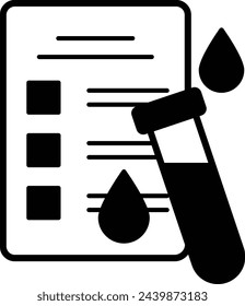 Informe con el diseño de contorno de tubo de ensayo y gotas vectoriales, símbolo de bioquímica, signo de procesos biológicos, ilustración de stock de ciencias biológicas e ingeniería, concepto de lista de verificación de análisis