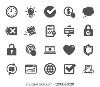 Report, Time and Globe icons. Statistics, Speech bubble and Light bulb signs. Credit card, Download report and Lock icons. Gift delivery, Check and Protection Shield. Quality design element. Vector