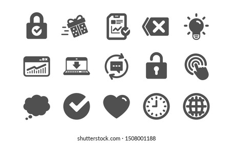 Report, Time and Globe icons. Statistics, Light bulb and Gift surprise box. Classic icon set. Quality set. Vector