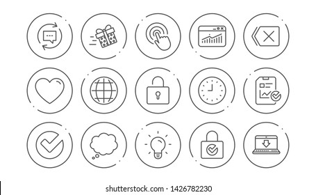 Report, Time and Globe line icons. Statistics, Light bulb and Gift surprise box. Linear icon set. Line buttons with icon. Editable stroke. Vector