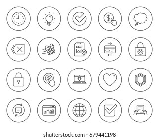 Report, Time and Globe line icons. Statistics, Speech bubble and Light bulb signs. Credit card, Download and Lock symbols. Gift delivery, Check and Protection Shield. Vector
