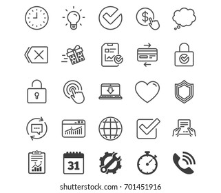 Report, Time and Globe line icons. Statistics, Speech bubble and Light bulb signs. Credit card, Download and Lock symbols. Gift delivery, Check and Protection Shield. Vector