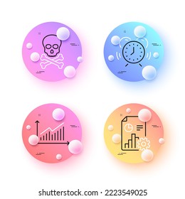 Report, Time management and Chemical hazard minimal line icons. 3d spheres or balls buttons. Graph icons. For web, application, printing. Presentation document, Alarm clock, Toxic death. Vector