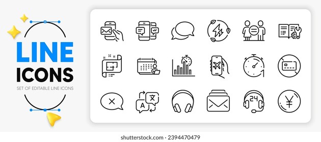 Report timer, Architectural plan and Headphones line icons set for app include Flight mode, Translate, Timer outline thin icon. Equality, Smartphone sms, Messenger pictogram icon. Reject. Vector