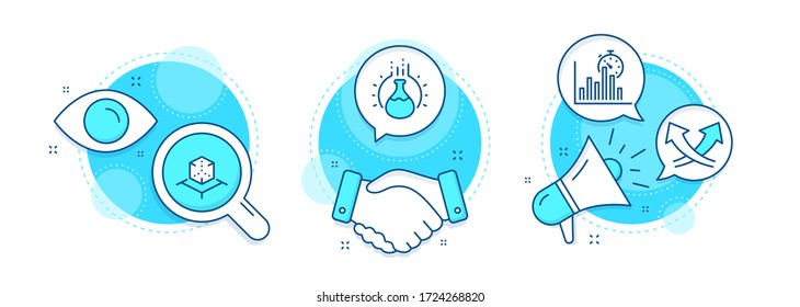 Temporizador de informes, realidad aumentada e iconos de la línea de experimentos Química. Contratos de apretón de manos, investigación y promoción de iconos complejos. Señal de flechas de intersección. Vector