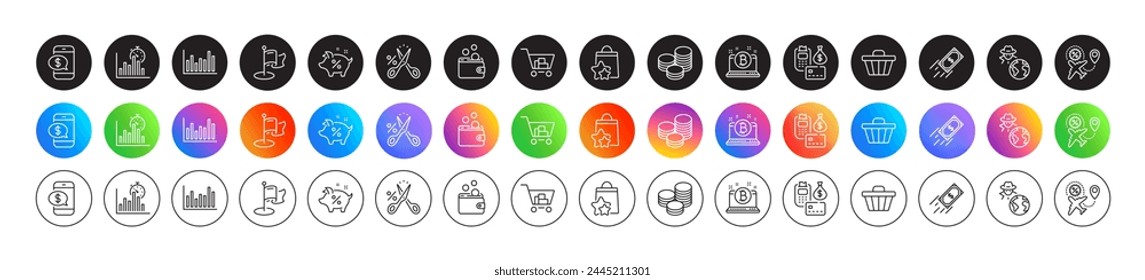 Report timer, Bar diagram and Internet shopping line icons. Round icon gradient buttons. Pack of Payment, Tips, Flight sale icon. Fraud, Loan percent, Shop cart pictogram. Vector