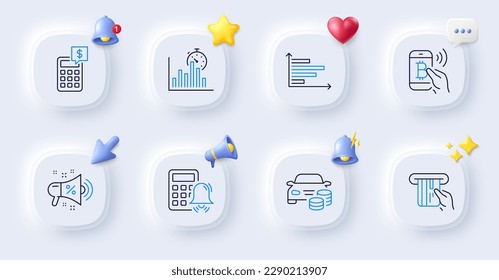 Report timer, Calculator alarm and Buy car line icons. Buttons with 3d bell, chat speech, cursor. Pack of Calculator, Sale megaphone, Horizontal chart icon. Credit card, Bitcoin pay pictogram. Vector