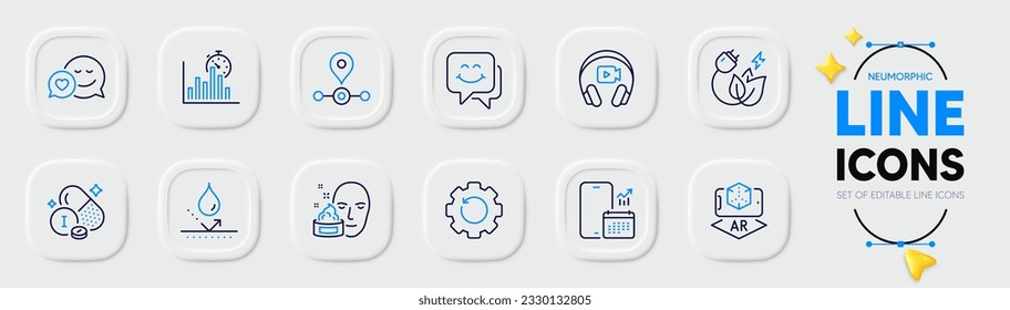 Report timer, Green energy and Waterproof line icons for web app. Pack of Station, Augmented reality, Phone calendar pictogram icons. Smile face, Dating, Recovery gear signs. Headphones. Vector