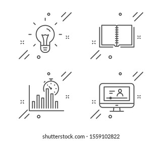 Report timer, Idea and Book line icons set. Online video sign. Growth chart, Light bulb, E-learning course. Video exam. Education set. Line report timer outline icon. Vector