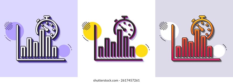 Report timer line icon. Halftone dotted pattern. Gradient icon with grain shadow. Column graph sign. Growth diagram chart symbol. Line report timer icon. Various designs. Vector