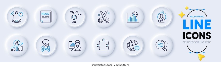 Report timer, Puzzle and Fake news line icons for web app. Pack of Reminder, Skin condition, Scissors pictogram icons. Chemistry lab, Career ladder, Chemical formula signs. World weather. Vector