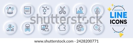 Report timer, Puzzle and Fake news line icons for web app. Pack of Reminder, Skin condition, Scissors pictogram icons. Chemistry lab, Career ladder, Chemical formula signs. World weather. Vector