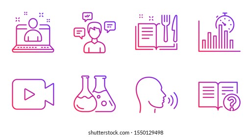 Report timer, Recipe book and Human sing line icons set. Conversation messages, Chemistry lab and Video camera signs. Best manager, Help symbols. Growth chart, Food. Education set. Vector