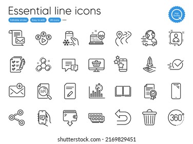 Iconos de temporizador de informes, línea de ruta y línea de libro. Colección de Deshacer, aplicación Refrigerator, iconos de videoconferencia. Certificado, tienda web, elementos web de archivos de búsqueda. Servicio de entrega, Editar documento, Compartir. Vector