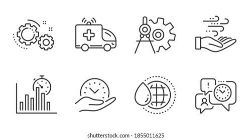 Report timer, Safe time and Wind energy line icons set. Cogwheel dividers, World water and Ambulance car signs. Time management, Gears symbols. Growth chart, Management, Breeze power. Vector