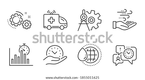 Report timer, Safe time and Wind energy line icons
set. Cogwheel dividers, World water and Ambulance car signs. Time
management, Gears symbols. Growth chart, Management, Breeze power.
Vector