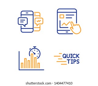 Report timer, Smartphone sms and Internet report icons simple set. Education sign. Growth chart, Mobile messages, Web tutorial. Quick tips. Education set. Linear report timer icon. Colorful design set