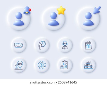 Report, Waiting and Gas station line icons. Placeholder with 3d cursor, bell, star. Pack of Info, Circus, Shipping support icon. Bus tour, Holidays shopping pictogram. For web app, printing. Vector