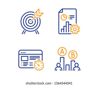 Report, Web timer and Archery icons simple set. Ab testing sign. Presentation document, Online test, Attraction park. Test chart. Business set. Linear report icon. Colorful design set. Vector
