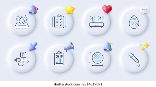 Report, Wifi and Charging parking line icons. Buttons with 3d bell, chat speech, cursor. Pack of Ph neutral, Chemistry pipette, Rule icon. Circle area, Waterproof pictogram. Vector