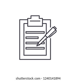 Report writing line icon concept. Report writing vector linear illustration, symbol, sign