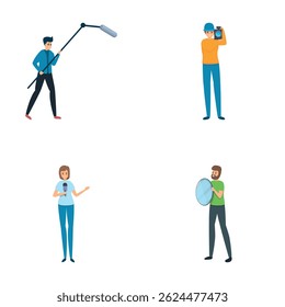 Reportage icons set cartoon vector. Cameraman and journalist behind work. Mass media, television