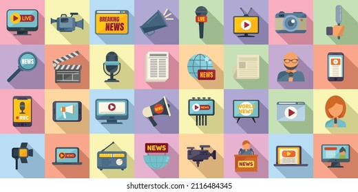 Reportage Icons Set Flat Vector. Interview News. Camera Tv