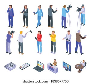 Reportage icons set. Isometric set of reportage vector icons for web design isolated on white background