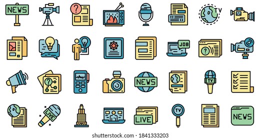 Reportage Icons Set. Outline Set Of Reportage Vector Icons Thin Line Color Flat On White