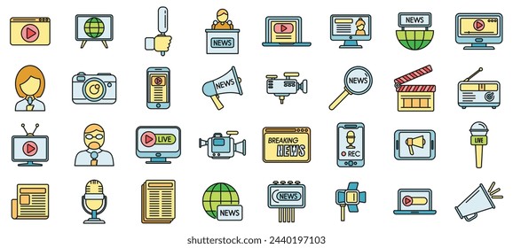 Reportage icons set outline vector. Interview news. Camera tv thin line color flat isolated