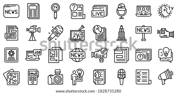 Reportage icons set. Outline\
set of reportage vector icons for web design isolated on white\
background