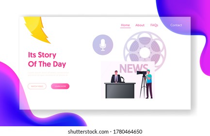 Reportage, Live News in Broadcasting Studio Landing Page Template.Mass Media Fernsehen mit TV-Moderator Charakter und Kameramann Shooting Crew, Breaking News. Vektorgrafik von Cartoon People
