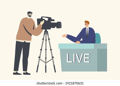 Reportage, Live Stream Broadcasting in Production Studio. Mass Media Television with Tv Presenter Character and Cameraman Shooting Global Business Breaking News. Cartoon People Vector Illustration