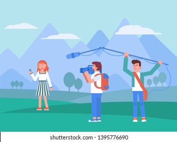 Reportage shooting flat vector illustration. Television, breaking news, reality outdoor set. Cartoon host, journalist, photographer characters. Background mountains landscape drawing