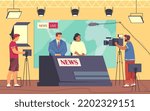Reportage in studio news, broadcast, vector banner