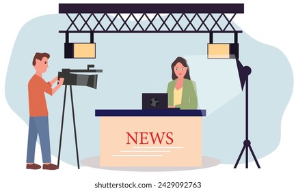 Reporter Anchoring on a live broadcast channel at a TV news studio. Flat vector illustration.