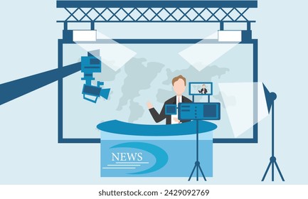 Reporter Anchoring on a live broadcast channel at a TV news studio. Flat vector illustration.