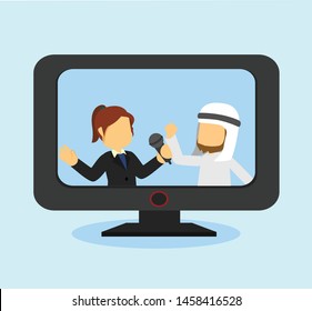 reporter and arabian people on television vector illustration