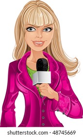 Reporter blond girl in pink with microphone