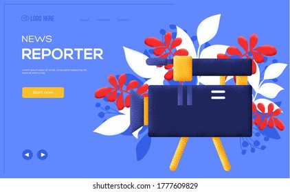 reporter camera concept flyer, web banner, ui header, enter site. Thin line icon style concept design. Grain texture and noise effect. 