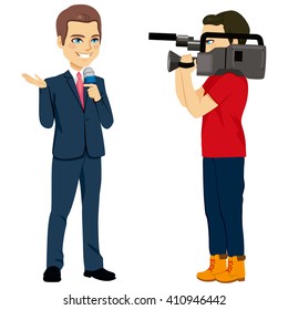 Reporter and cameraman operator characters filming news while reporter speaking with microphone