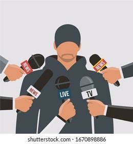 Reporter Celebrity Male Or Journalist Man Speak On Live Stream In The Media Breaking News. Trainer Or Coach Vector In Press Conference & Review With Microphones. Famous Character Infected Corona Virus
